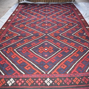 9x15 Vintage 1970s Kilim Rug, Large Afghan Tribal Antique Area Rug, Red Handmade Wool Oversized Turkmen Flatweave Oriental Living room Rug