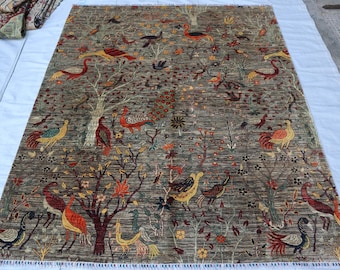 8x10 Ft Hunting Animal Print Area Rug, Afghan Hand knotted, Pictorial Gray Living Room, Oriental Nature, Office Kitchen, 8x9 Kids Room Rug