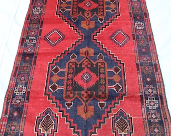 Soft pile Vintage handmade rug 3x6, Afghan Pink red blue Baluchi rug, Kitchen rug, Antique tribal rug, wool rug for living room, bedroom rug