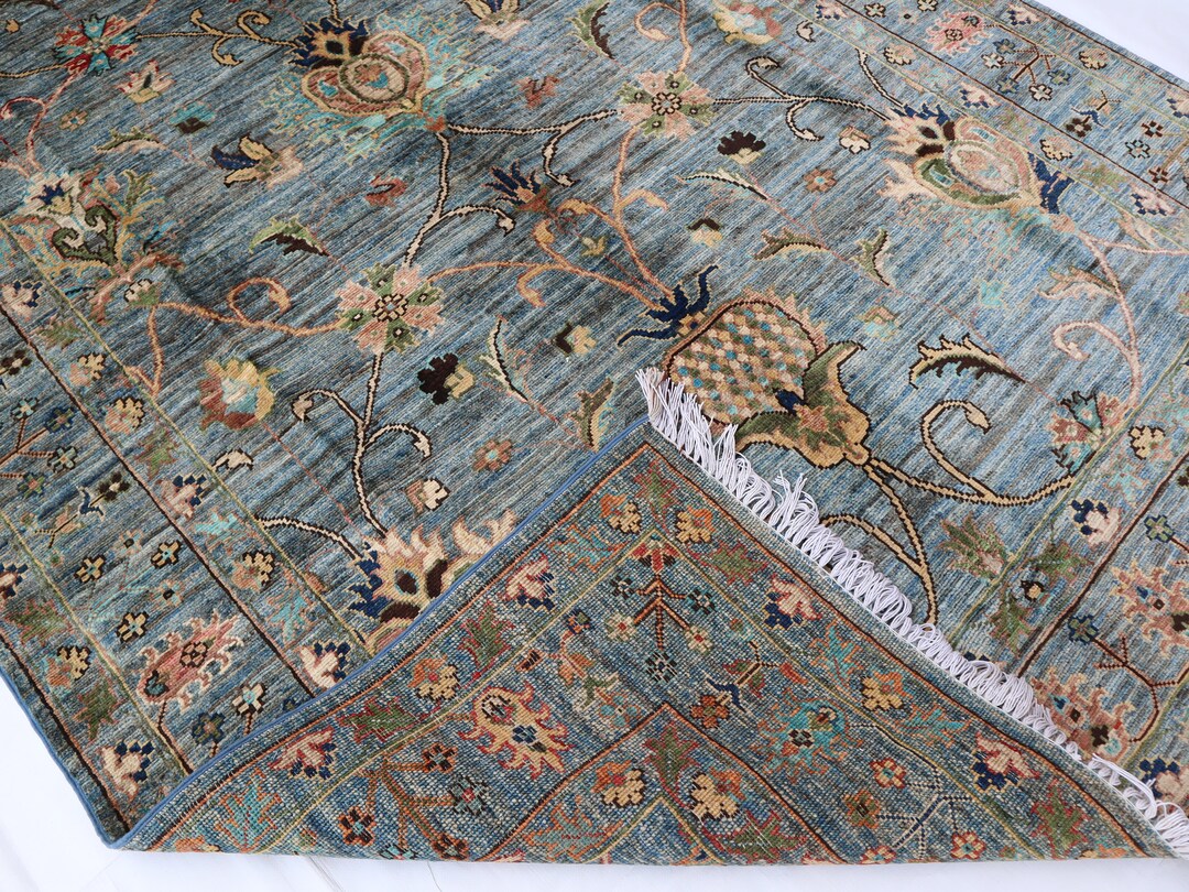 5x7 ライトブルー アフガン チョビ ラグ、グレー テラコッタ