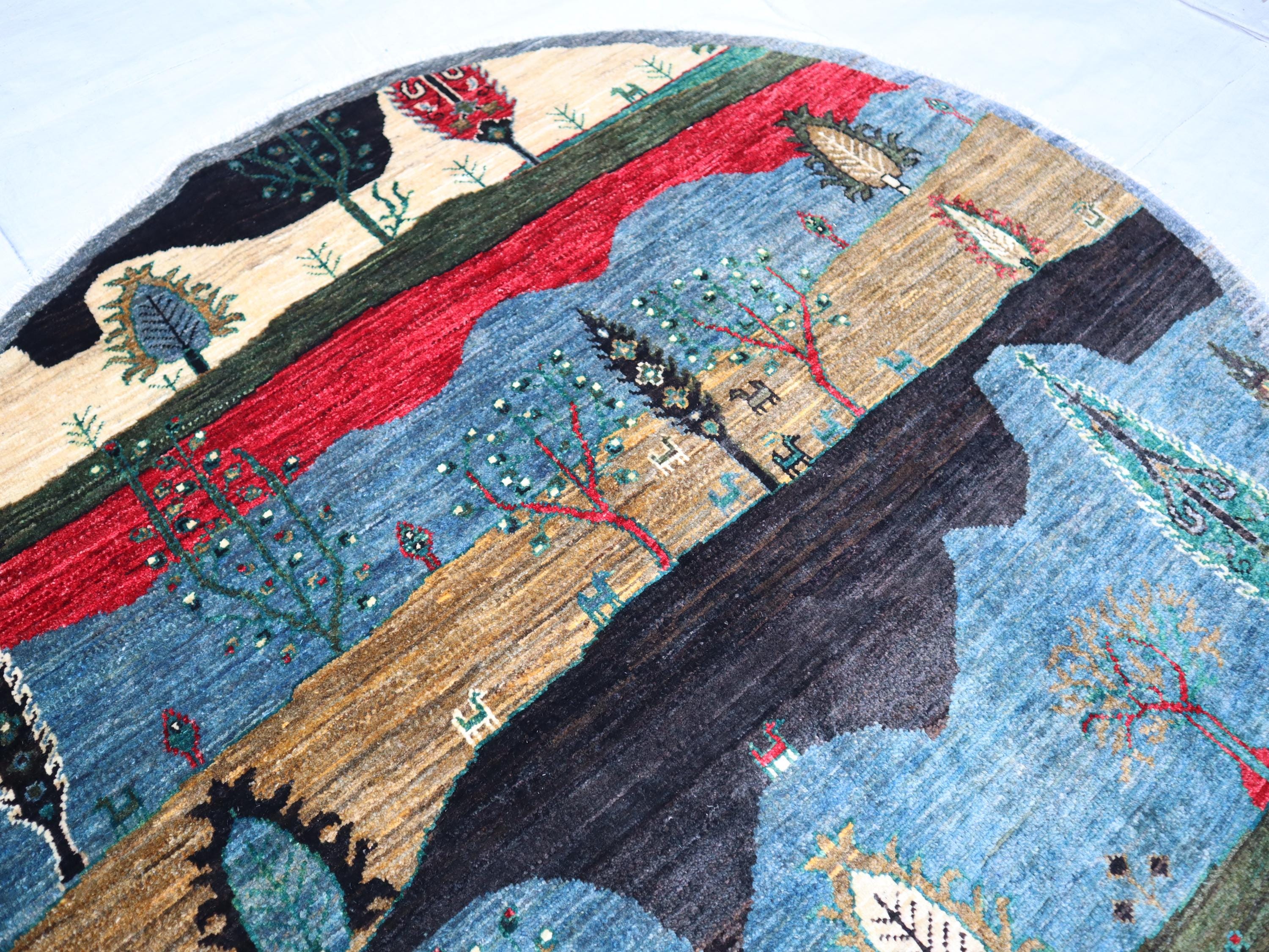 4x4 Small Round Rug, Handwoven Modern Blue Black Red Pictorial Rug ...