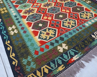 6x9 Red Green Afghan Kilim Area Rug, Flatweave Handmade Wool Kilim Natural dyes and Wool rug, Geometric Rugs for Living room, Dining Bedroom