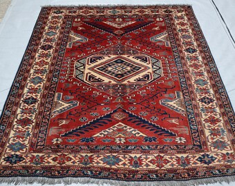 5x6 handgeknüpfter afghanischer Kazak-Teppich, orientalischer Stammes-Kaukasier-Rot-Beige-Grün-Teppich, einzigartige weiche Vege-Dye-Wolle, türkisches Wohnzimmer-Geschenk,