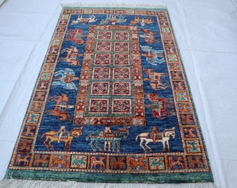 Blue Orange Red Pazyryk Afghan Rug, Hand-Knotted Wool, 3x4 ft, Pictorial Horse Riders Oriental carpets, Small kids wall art