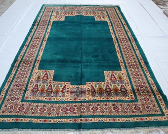 6x9 Hand-Knotted Wool Silk Like Area Rug, Gray Blue Beige Vintage Tribal, Livingroom Office Home Décor Turkman Bedroom,7x10 Dining table rug