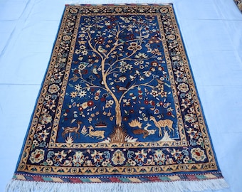 3x5 Blue Pictorial Afghan rug, Tree of Life rug, Animal Bird Garden rug Floral Wall art rug oriental durable carpet, bedroom living room rug