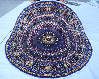 3x3 ラウンドラグ、ターコイズレッドブルーハンドメイドサークルラグ