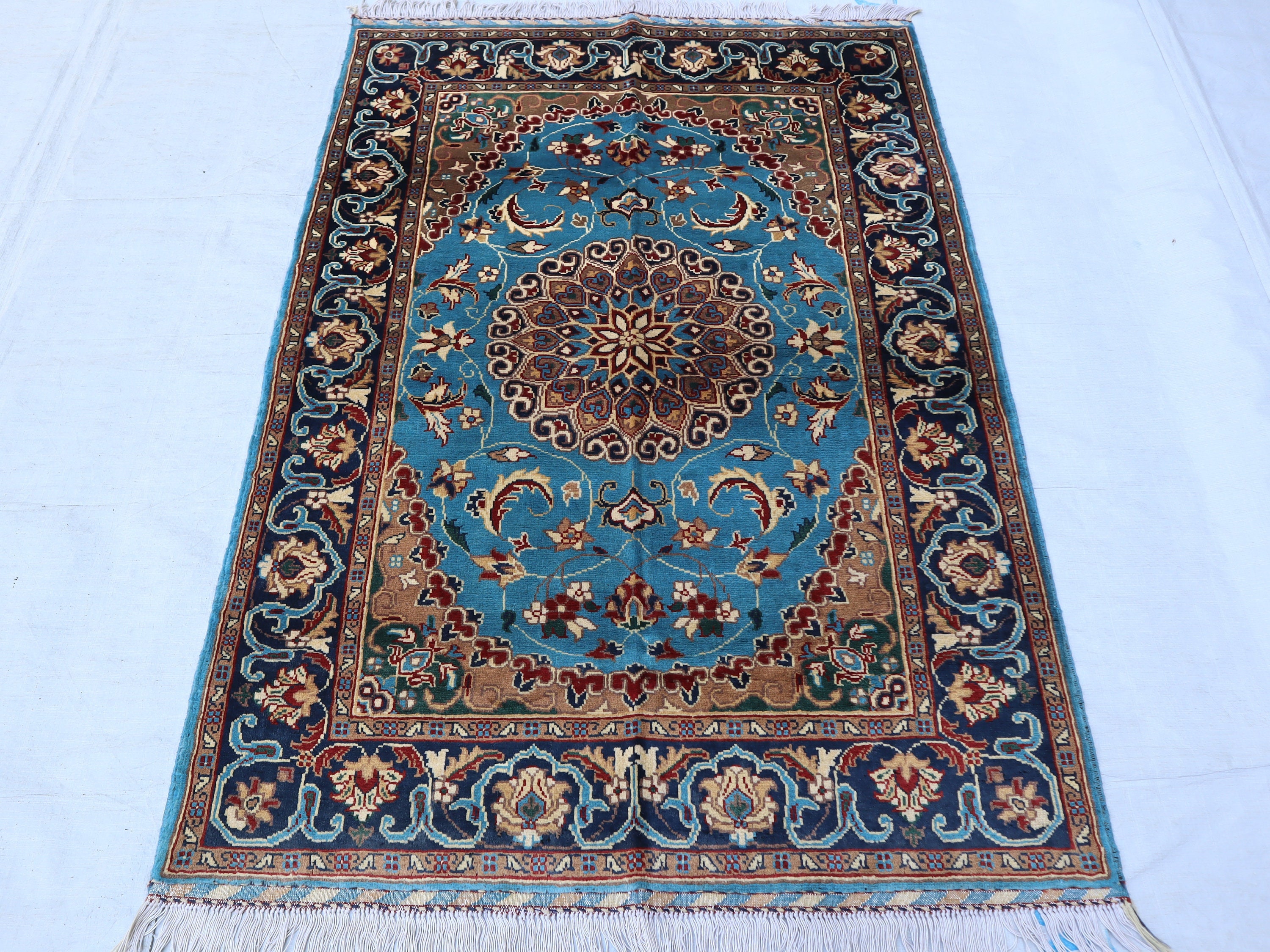 3x5 Blue round medallion rug, Hand knotted Afghan Flower Oriental Unique Woven wool rug Turkish Small accent gift Entryway, bedroom loom rug