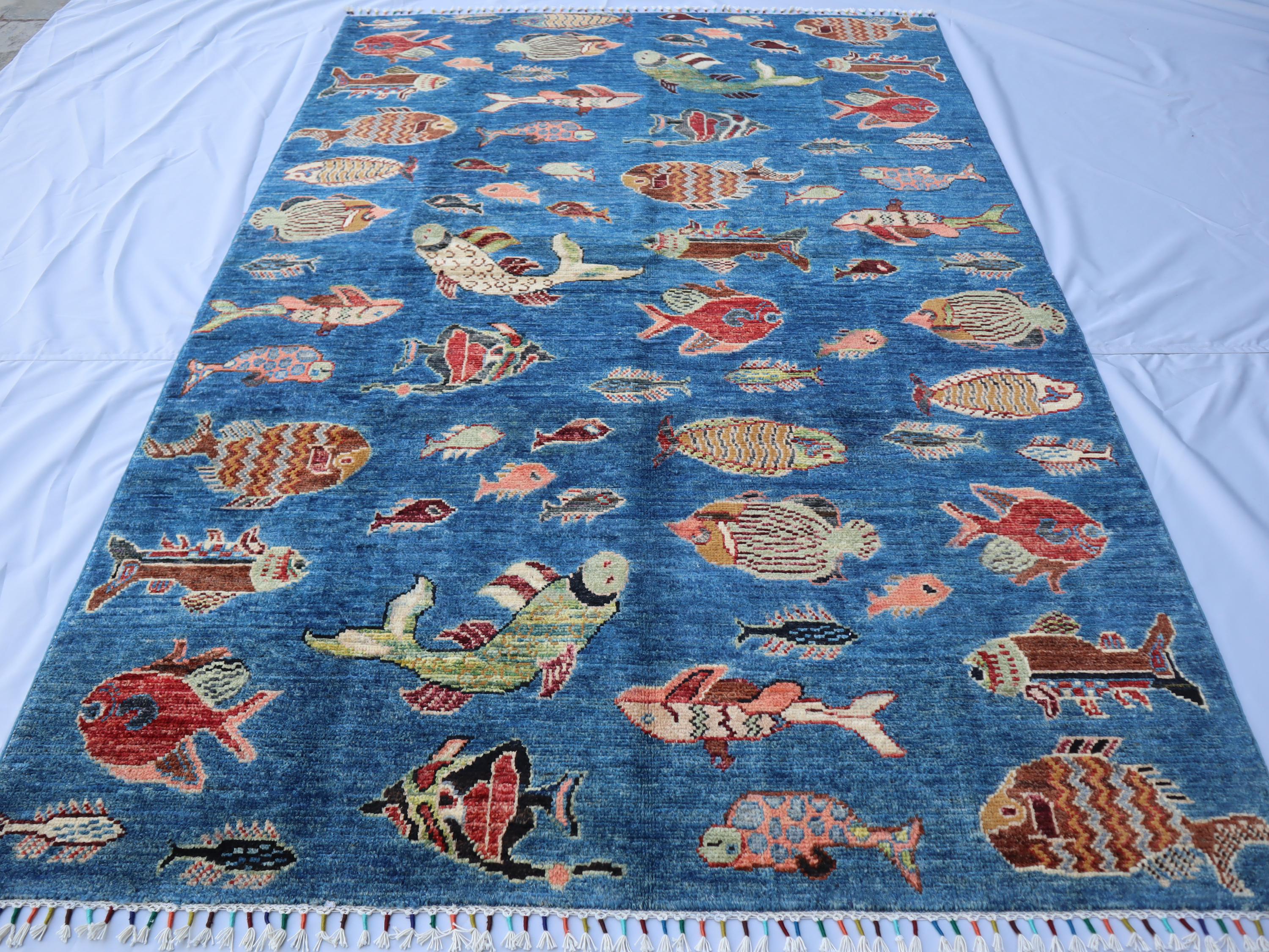 5x8 Blue Fish Gabbeh Area Rug - Afghan Hand-knotted Veg Dyes Wool