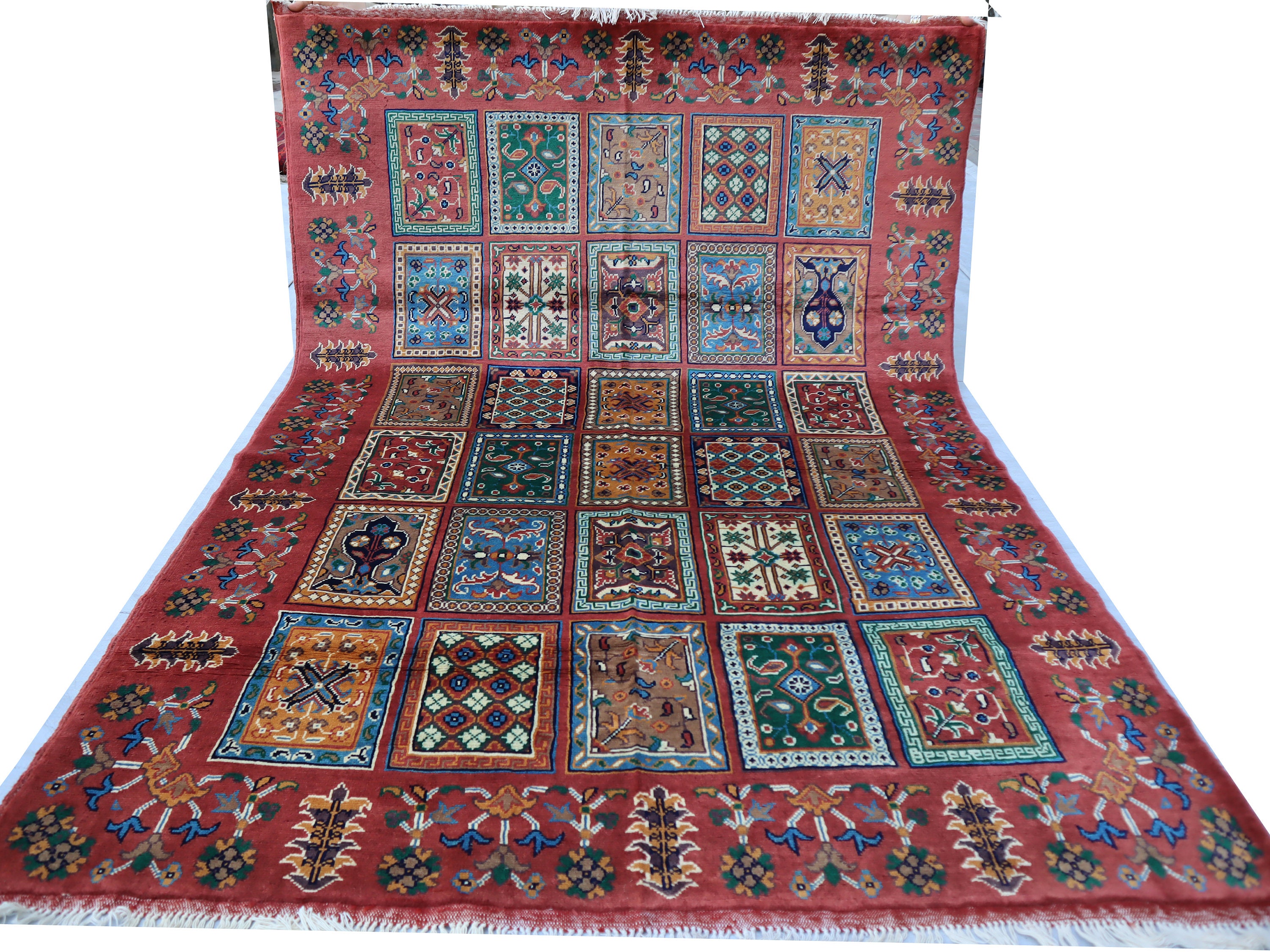 5x7 アフガンフラワーピクトリアルラグ、ハンドメイドピンクブルー