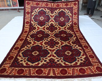 7x10 Handmade Wool Rug, Afghan Turkmen Bukhara, Red Beige Flower Medallion, Large Decorative Area rug, Soft Unique Turkish Aesthetic Carpet