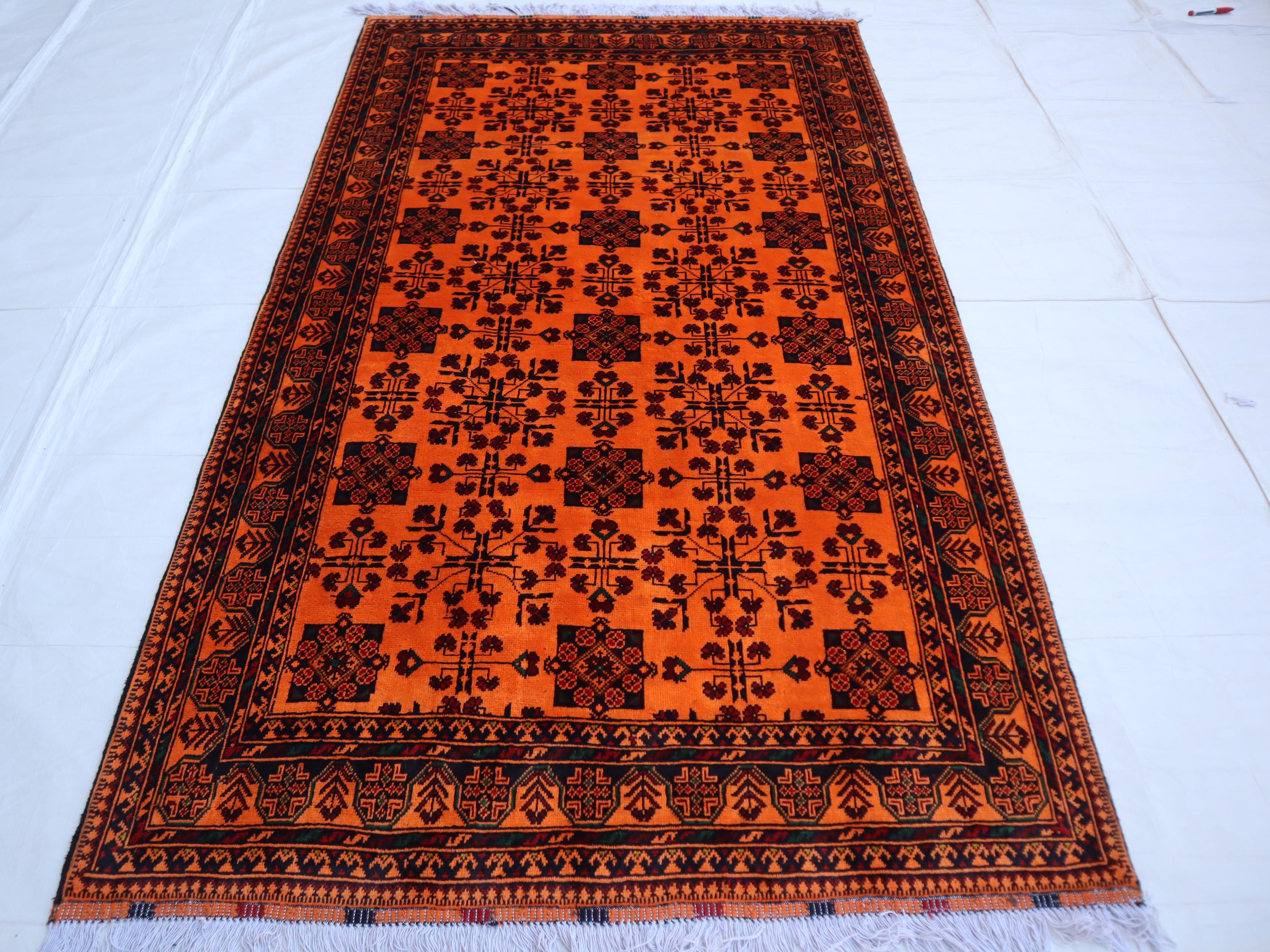 4x7 Orange Bukhara rug, Afghan Handmade Turkmen oriental wool carpet, Rugs for Hallway Entryway living room, bedroom rug Soft Traditonal rug