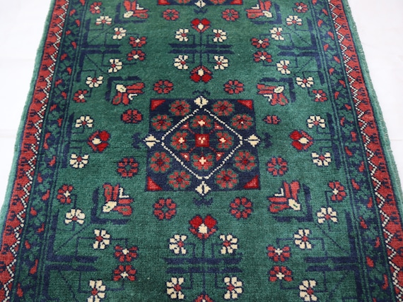 green small runner 2x5, Afghan Bokhara rug, Handmade wool rug, Turkmen soft pile rug, table rug for living room, Kitchen Entryway runner