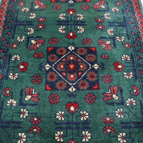 green small runner 2x5, Afghan Bokhara rug, Handmade wool rug, Turkmen soft pile rug, table rug for living room, Kitchen Entryway runner