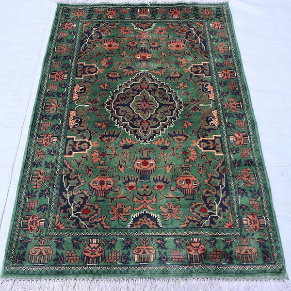 3x5 Green Heriz Handmade rug, Small Turkmen Afghan Flower Pottery decor, Orange Antique Bukhara, Soft wool Turkish carpet Accent Unique Gift