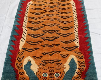 3x6 Afghan Pictorial rug, Handmade Soft Gabbeh Wool Tiger rug, Kids room Anime rug, Brown Blue small rug, Gift Rugs for living room bedroom