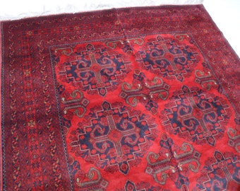Afghan Bukhara rug 6x9, Turkmen Hand-Knotted Area rug, Vintage Caucasian, High Pile Antique Carpet, Red Medallion Tribal Rug, Oriental rug