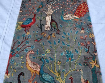 3x5 Gabbeh Oriental Animal print rug, Afghan Gray Pictorial handmade birds Tree rugs, Small tribal vege dyes wool rug