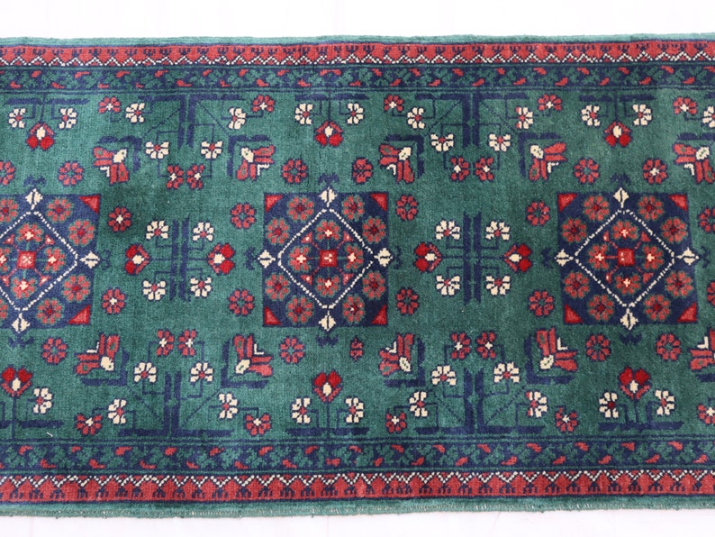 green small runner 2x5, Afghan Bokhara runner, Handmade wool rug, Turkmen soft pile rug, table rug for living room, Kitchen Entryway runner