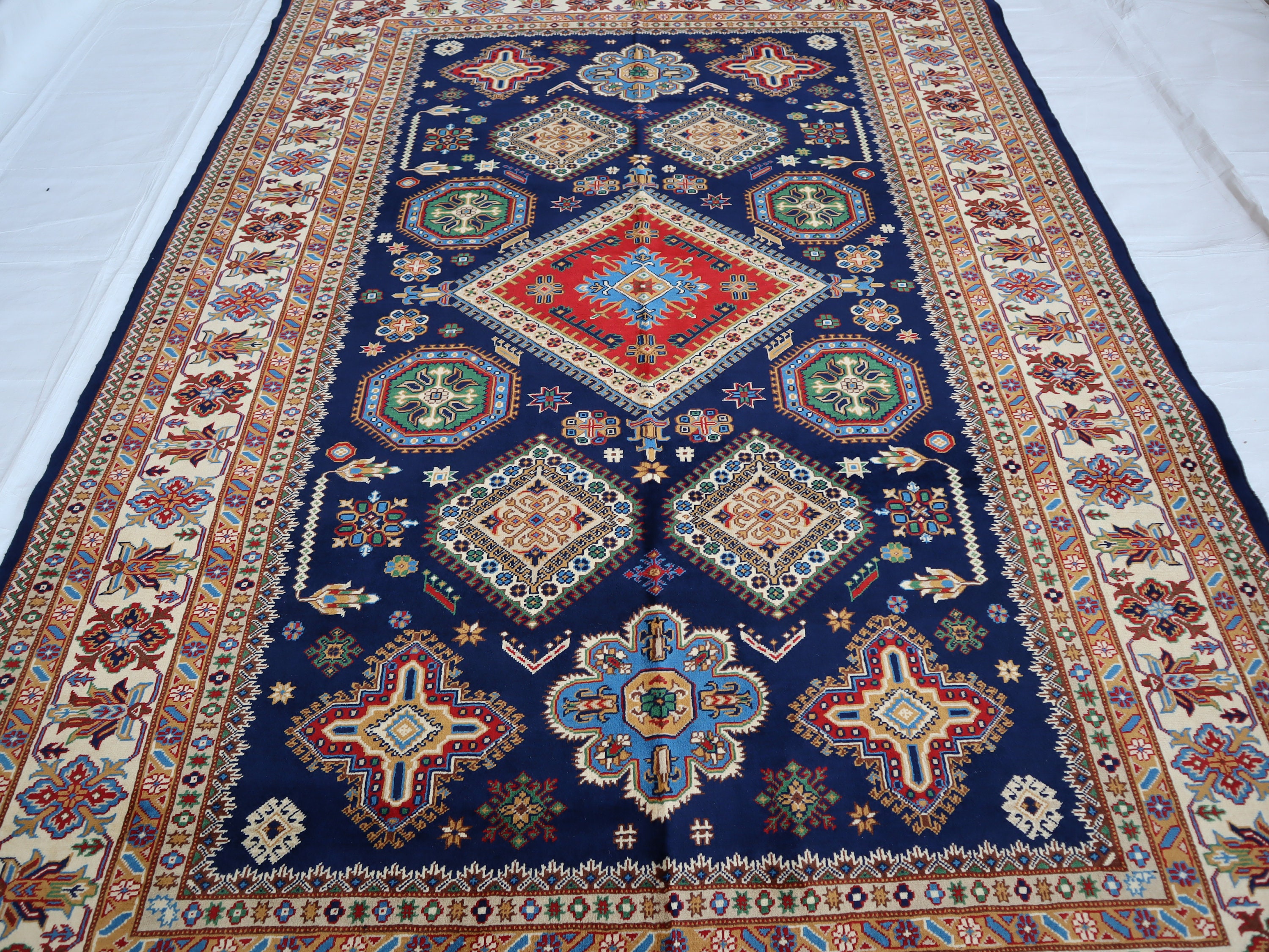 6x10 手織りカザフウールラグ、大きなブルーベージュアフガン