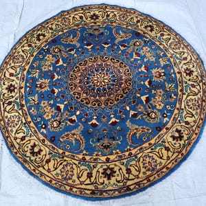 Unique Blue Floral round rug 5x5, Handwoven Circle rug, medallion round carpet, round wool rug, bedroom accent rug, Circular living room rug