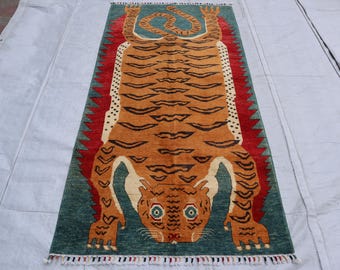 3x6 One of a Kind Tiger Pictorial Rug- Orange Vintage Afghan Handmade High Pile Rug Turkmen Tribal Oriental Wool Rug Bedroom Living Room Rug