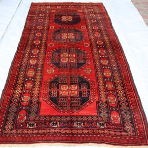 5x9 ft Antique Geometric Caucasian rug, Red Vintage Afghan Hand Knotted Low Pile wool area rug, Rugs for living room, Large Oriental Carpet