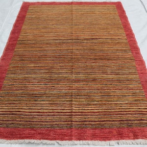4x6 Red Gabbeh Rug, Striped Handmade Wool Soft area rugs, Beige Plain woven carpet,