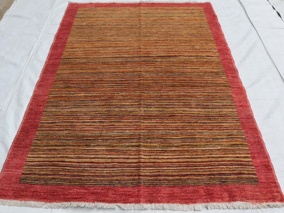 4x6 Red Striped Gabbeh Rug, Handmade Wool Afghan Carpet