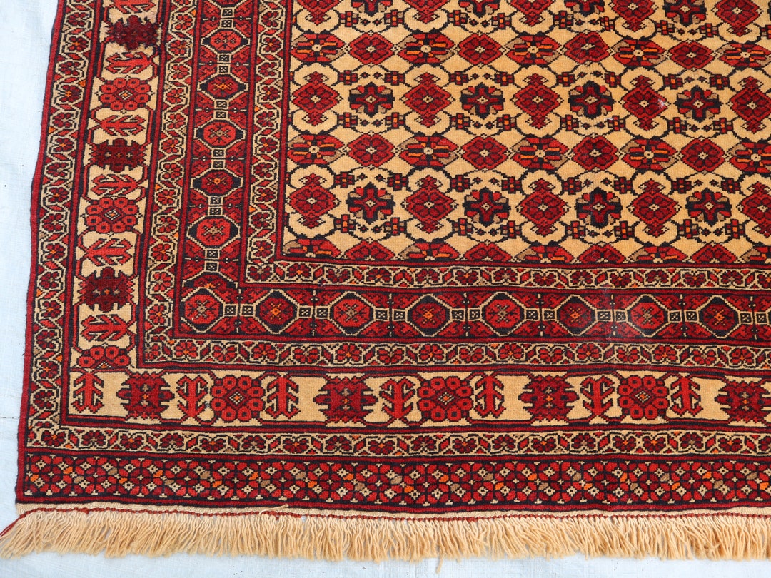 Red Gold Rug 4x6 Vintage Turkmen Bukhara Rug, Afghan Red Gold Rug, Wool Area Rug ...