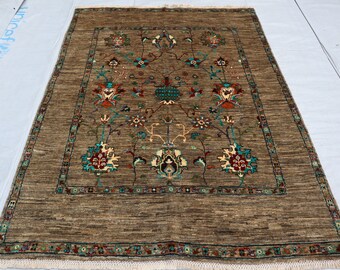 5x6 Hand knotted Afghan Oriental rug, Flower Tribal, Gray blue Carpet, Unique Soft Nature Wool, Turkish living room Gifts, Kitchen Bedroom,