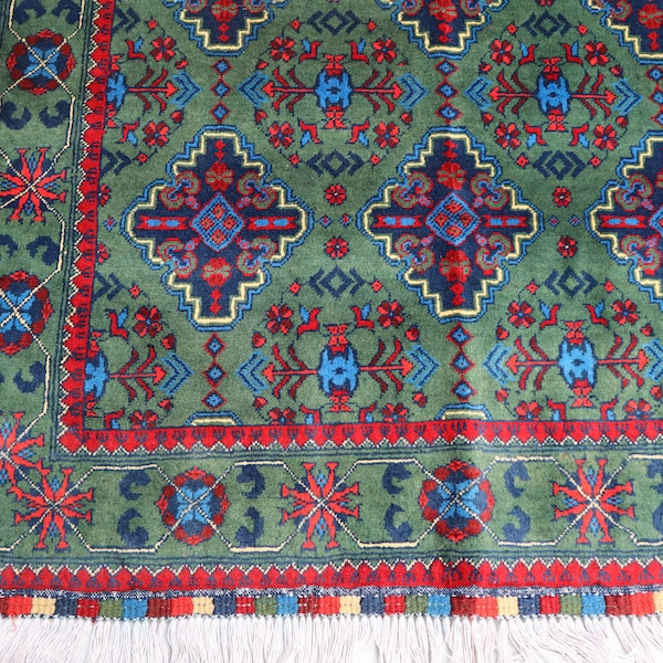 3x5 Green Bokhara rug, Small Turkmen Afghan Handmade Oriental Tribal, Flower Medallion wool area rug, Entryway Bedroom, Gift Home Kitchen