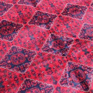9x12 ft Turkmen Large Bokhara Rug, Afghan Vintage, Red Checkered, Handmade Wool Area Rug, Red Tribal Oriental Turkish, Dining Table Carpet,