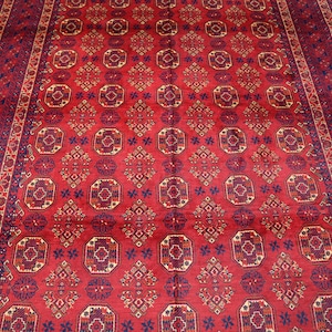 Handmade Turkman Ersari 7x10 Rug | Red Bokhara rug, Bedroom Carpet Traditional area rug, Wool Oriental Tribal Tekke Rug, Living Room Rug 6x9