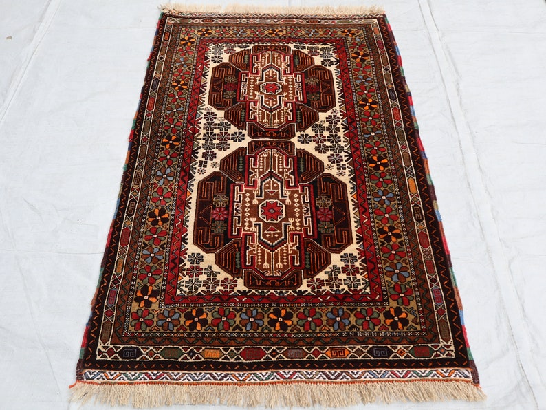 2 x 4 fot antik matta, afghansk handknuten ullmatta, turkmensk 3x5 vintagematta, heminredningsmatta, tribal orientalisk matta, sovrums-vardagsrumsmatta bild 1