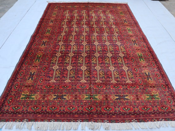 7x10 Large Tribal Area Rug, Afghan Red Rug, Hand Knotted Wool