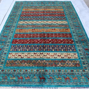 7x10 Blue Animal Gabbeh Tribal Rug - Afghan Pictorial Nomadic Hand Knotted Veg dye Area Rug - Rugs for Living Room - Bedroom rug, Animal Rug