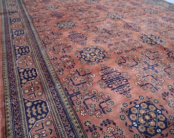 Alfombra afgana Bukhara de 6x9 pulgadas, alfombra oriental turcomana de lana anudada a mano en terracota, alfombra Khal Mohammadi rosa y azul, alfombra tribal vintage de pelo alto.