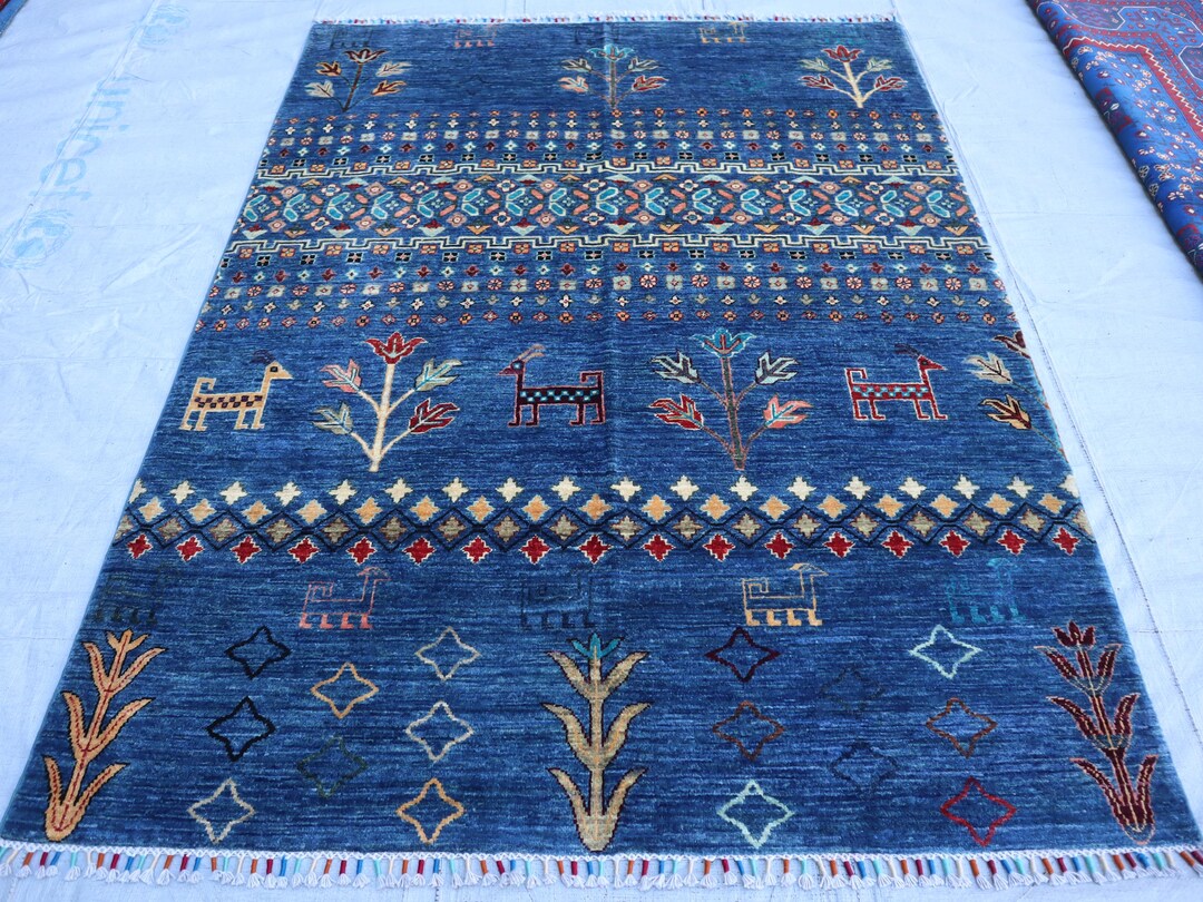 5x7 Blue Afghan Pictorial Wool Rug - Hand Knotted Gabbeh Animals ...