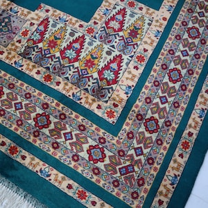 6x9 Hand-Knotted Wool Silk Like Area Rug, Gray Blue Beige Vintage Tribal, Livingroom Office Home Décor Turkman Bedroom,7x10 Dining table rug