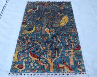 3x5 Blue Afghan Pictorial rug, Artstic hand knotted Gabbeh Tree of life rug, Birds rug, Organic vege dyes wool rug, Rug for living room gift