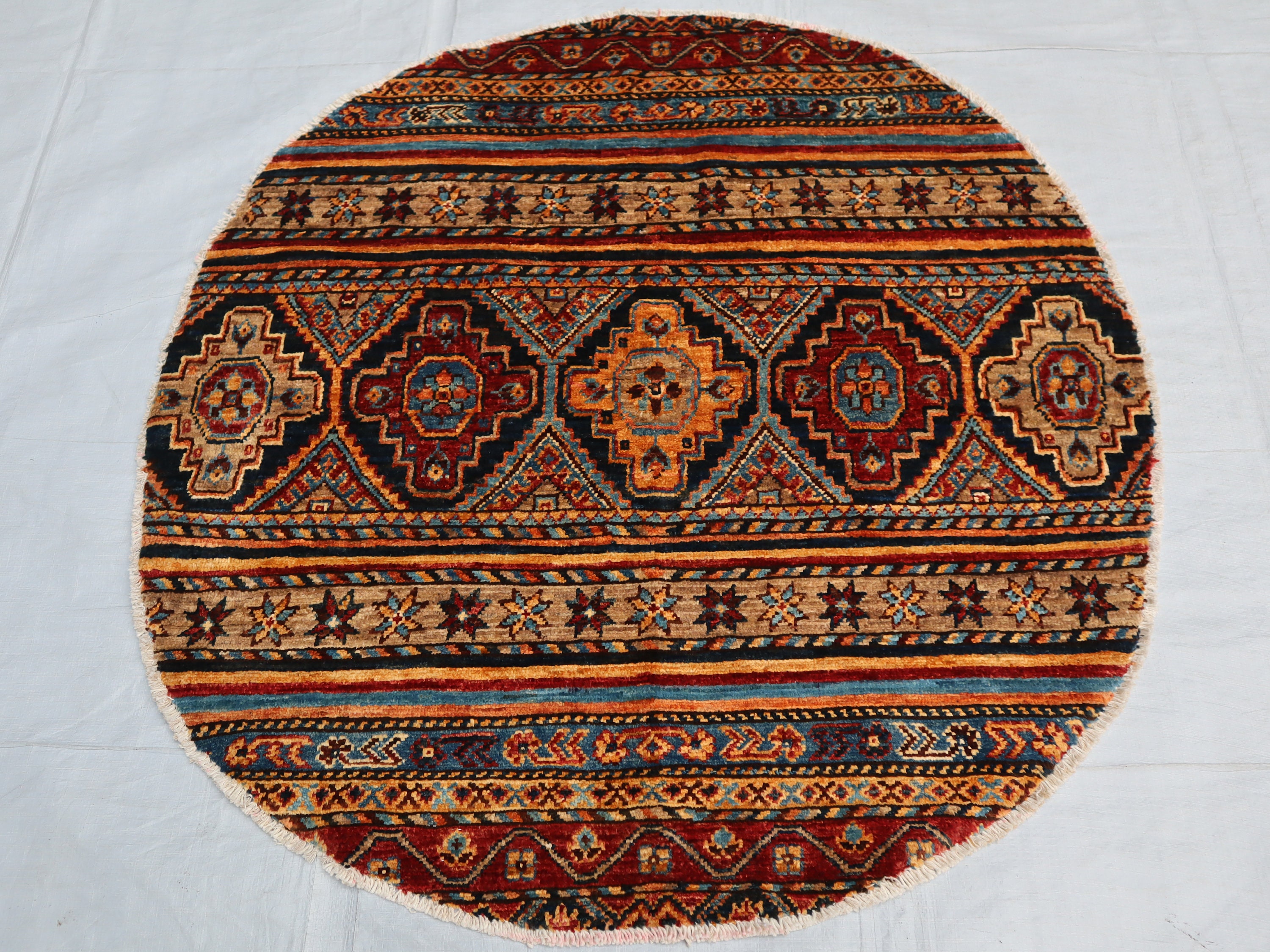 3x3 Colorful Round Rug, Afghan Handmade Circle Rug, Small Striped Round ...