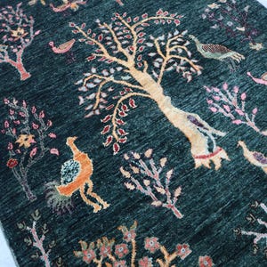 May include: A teal blue rug with a repeating pattern of stylized trees, birds, and flowers. The rug has a hand-woven look and feel.