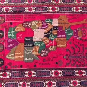 Tapete 4x6 com mapa do Afeganistão, lã colorida tecida à mão, bandeira pictórica do Afeganistão feita à mão, estilo Baluch exclusivo, tapete tecido para parede de sala de estar, dormitório ou biblioteca.