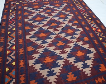 Tappeto kilim antico vintage 6'4x9'4, tappeto in lana fatto a mano blu scuro viola rosso arancione, tappeto orientale a tessitura piatta, tappeto per tavolo da pranzo/soggiorno 7x9