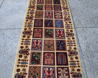 3x10 ft Handmade Beige Bakhtiari runner rug, 3x9 Red green blue Wool Runner, Afghan Wool Boho Turkish Minimalist Living room Kitchen Rug.