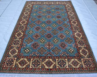 Alfombra Kazak de lana azul de 6x9, alfombra tribal afgana tejida a mano, alfombra grande caucásica para juegos, ideal para sala de estar, dormitorio o mesa de comedor.