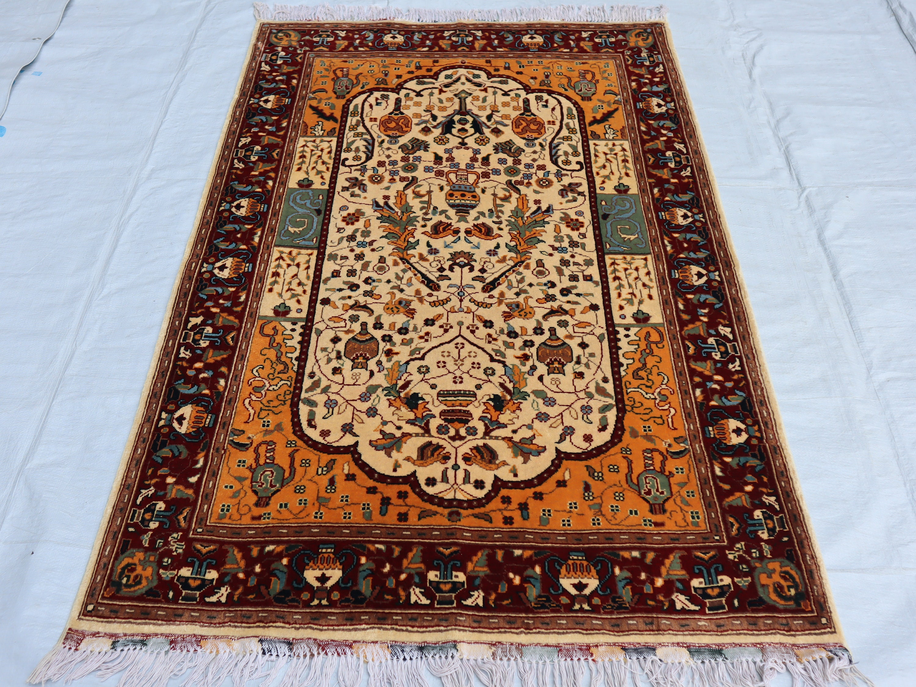 3x5 Beige Gold Antique Rug, Afghan Handmade Wool Area Rug, Accent Rug, Pottery Relics, Flower Vase décor, Wall Art, Rug for living room gift