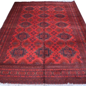 Large Afghan rug, 9x13 Ft, Handmade Rug, Patnoos Gul Rug Turkmen Rug Bukhara Rug, Red Area Rug, Medallion Oriental Rug 10x13 living room rug