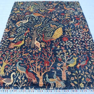 5x7 アフガンフラワーピクトリアルラグ、ハンドメイドピンクブルー